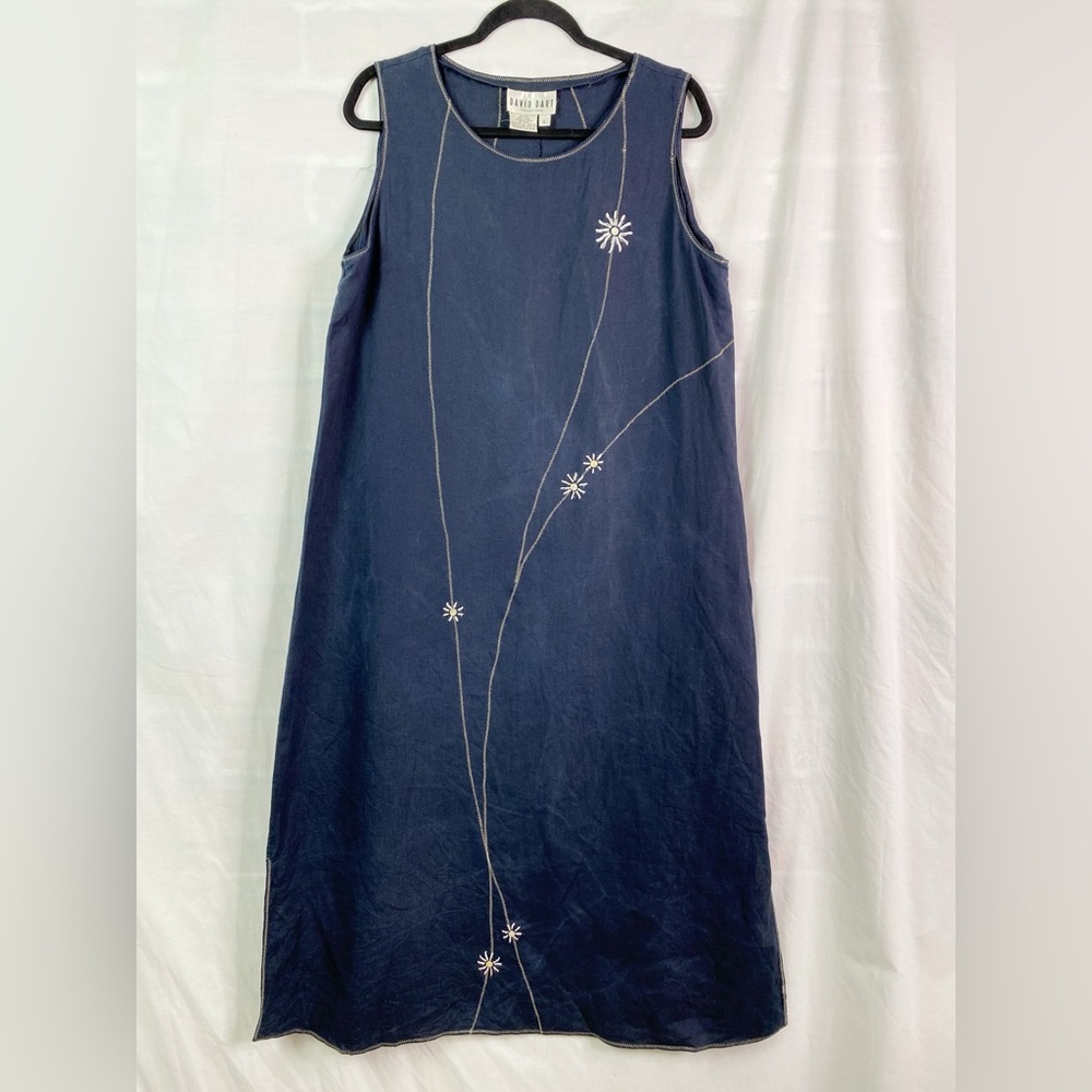 David Dart Black Linen Flower Embroidered Maxi Jumper Dress Lg